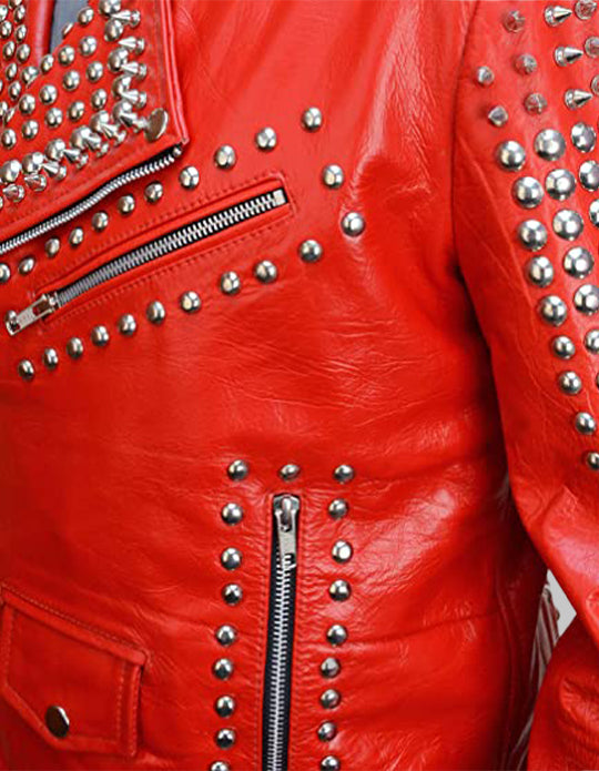 Men's Red Full Studded Leather Jacket, Biker-Jacke mit Nieten